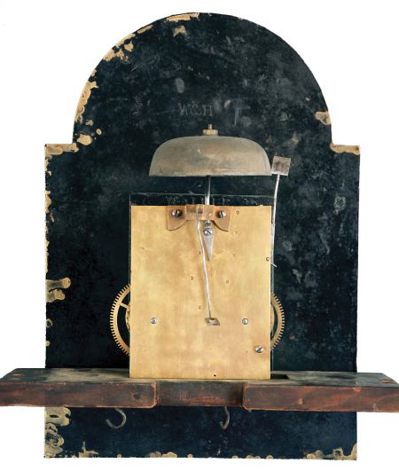 [Thomas] Vurleyl, Wisbeack, England, tall case clock, 8 day, time and bell strike, weight driven movement, c. 1840, in a c. 1780 string inlaid mahogany case with pagoda top, brass finials, crotch mahogany trunk door, fluted columns flanking hood.