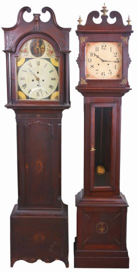 Tall Clocks- 2 (Two): (1) Scottish 8 day, time and strike, weight driven movement with painted metal dial and painted thistle pendulum, circa 1820; (2) Ithaca Calendar Clock Co., 8 day, time and strike, spring driven movement
