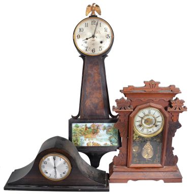 Clocks- 3 (Three) wood cased clocks: (1) New Haven Clock Co., New Haven, Conn., "No. 540", 8 day spring driven, time & strike with alarm parlor clock in a walnut case, c. 1890; (2) Wm. L. Gilbert Clock Co., Winsted, Conn., "Yorktown", 8 day spring driven, time & strike banjo clock with mahogany finish and burl veneer panel, c. 1930; (3) Wm. L. Gilbert Clock Co., Winsted, Conn., tambour clock, 8 day spring driven, time & bim-bam strike tambour clock in a walnut case, c. 1930.