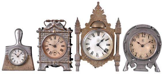 Clocks- 4 (Four) F. Kroeber Clock Co., New York, 30 hour, spring driven balance wheel clocks including a "Thisle" alarm c1879, a "Trump" alarm c1882, a "Brush" novelty c1887, and "Good Luck" with Welch movement, c1880.