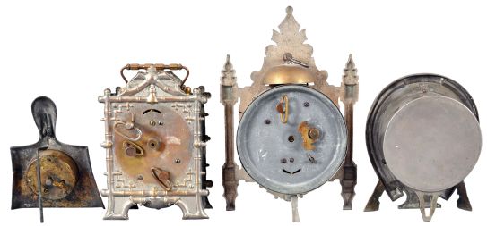 Clocks- 4 (Four) F. Kroeber Clock Co., New York, 30 hour, spring driven balance wheel clocks including a "Thisle" alarm c1879, a "Trump" alarm c1882, a "Brush" novelty c1887, and "Good Luck" with Welch movement, c1880.