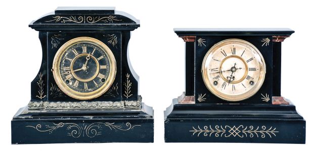 Clocks- 2 (Two): (1) F. Kroeber Clock Co., New York, "Pavonia", 8 day, time and strike, spring brass movement mantel clock, c1888; (2) F. Kroeber Clock Co., New York, "Sydney", 8 day, time and strike, spring brass movement mantel clock, c1888