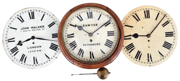 Clocks- 3 (Three) English Fusee Postal Timepieces: (1) John Walker, London, 8 day, spring driven, time only postal wall clock, fusee movement with painted metal dial; (2) Sawyer, Peterboro, 8 day, spring driven, time only postal wall clock, fusee movement with painted metal dial and wood case; (3) 8 day, spring driven, time only postal wall clock with fusee movement and painted metal dial.