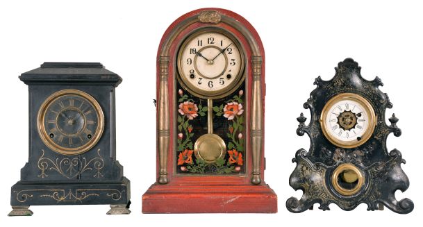 Clocks- 3 (Three): (1) Shing Lee Mfg. Co., Chefoo, China, 8 day, time and strike, spring brass movement round top shelf clock, c1910; (2) F. Kroeber Clock Co., New York, "Cabinet No. 2", 8 day, time and strike, spring brass movement wood case shelf clock, c1881 (3) Unknown, possibly by the American Clock Co., New York, 30 hour, time and alarm spring brass movement iron front shelf clock, c1865