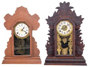 Clocks- 3 (Three): (1) Sessions Clock Co., Forestville, Conn., 8 day, time and strike, spring brass movement shelf clock, c. 1900; (2) William L. Gilbert Clock Co., Winsted, Conn., "Boston", 8 day, time and strike, spring brass movement shelf clock, c1900 (3) William L. Gilbert Clock Co., Winsted, Conn., "Leopard", 8 day, time and strike, spring brass movement shelf clock, c1891