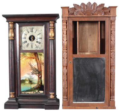 Clocks- 3 (Three): American shelf clocks: (1) Marsh, Gilbert & Co., Farmington, Conn., carved half column and carved eagle splat shelf clock with a weight driven 30 hour time and strike movement in a mahogany veneered case, c1833; (2) Boardman & Wells, Bristol, Conn., carved half column and carved splat case only, c1835. (3) Solomon C. Spring, Bristol, Conn., half column shelf clock with a weight driven, 8 day, time and strike strap brass movement in a rosewood veneered case, c1860.