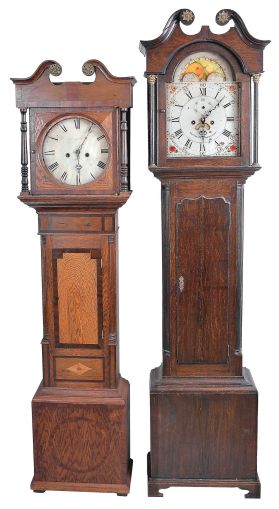 Tall Clocks- 2 (Two) English oak broken arch cases, no weights nor pendulums: (1) Thomas Arlott, Sunderland, 8 day, time and strike, weight driven movement with painted metal dial, moon phase and calendar, circa 1820; (2) 8 day, time and bell strike weight driven movement with a painted metal dial