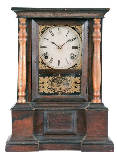 Clocks- 2 (Two): American shelf clocks: (1) Birge, Peck & Co., Bristol, Conn., cornice and column shelf clock with a weight driven, 8 day, time and strike brass strap movement in a mahogany veneered case, c1850; (2) Atkins Clock Co., Bristol, Conn., "London" shelf clock with a spring driven, 8 day, time and strike movement (265B) in a rosewood veneered case, c1865.