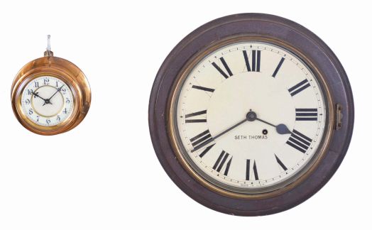 Clocks- 2 (Two): (1) Germany, 8 day, spring brass lever movement brass case pilot house wall timepiece, c1900; (2) Seth Thomas Clock Co., Thomaston, Conn., "Chatham", 8 day, spring brass movement gallery timepiece, c1904