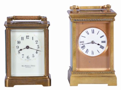 Clocks- 2 (Two) Carriage, both French 8 day timepieces: (1) gilt Anglaise case, Roman numeral white enamel dial with engine turned, gilt mask, and lever platform; (2) fret ornamented Obis case, Arabic numeral white enamel dial signed "Wood, Bicknell & Potter, Providence", with cylinder platform