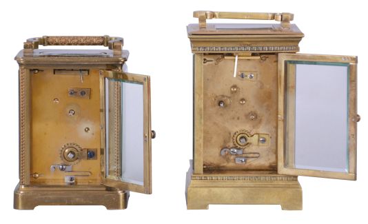 Clocks- 2 (Two) Carriage, both French 8 day timepieces: (1) gilt Anglaise case, Roman numeral white enamel dial with engine turned, gilt mask, and lever platform; (2) fret ornamented Obis case, Arabic numeral white enamel dial signed "Wood, Bicknell & Potter, Providence", with cylinder platform