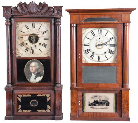 Clocks- 2 (Two): (1) Birge, Mallory & Co., Bristol, Conn., 8 day, time and strike, weight brass movement column & carved crest shelf clock, c1840; (2) Riley Whiting, Winchester, Conn., 8 day, time and strike, weight wood movement column & cornice shelf clock, c1830