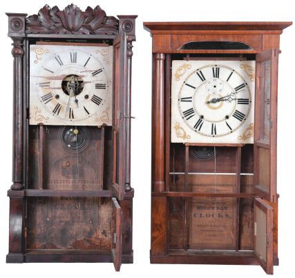 Clocks- 2 (Two): (1) Birge, Mallory & Co., Bristol, Conn., 8 day, time and strike, weight brass movement column & carved crest shelf clock, c1840; (2) Riley Whiting, Winchester, Conn., 8 day, time and strike, weight wood movement column & cornice shelf clock, c1830