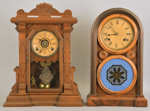 Clocks- 2 (Two): (1) E. Ingraham & Co., Bristol, Conn., "Venetian No. 1" shelf clock with a spring driven, 8 day, time and strike movement in a rosewood veneered case, c1870; (2) E. Ingraham & Co., Bristol, Conn., unidentifed shelf clock with a spring driven, 8 day time, strike and alarm movement in a walnut case, c1885.