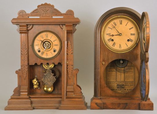 Clocks- 2 (Two): (1) E. Ingraham & Co., Bristol, Conn., "Venetian No. 1" shelf clock with a spring driven, 8 day, time and strike movement in a rosewood veneered case, c1870; (2) E. Ingraham & Co., Bristol, Conn., unidentifed shelf clock with a spring driven, 8 day time, strike and alarm movement in a walnut case, c1885.