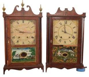 Clocks- 2 (Two): (1) Ephraim Downs, Bristol, Conn., 30 hour, time and strike, weight wood movement pillar & scroll shelf clock; (2) E. Terry & Sons, Plymouth, Conn. 30 hour, time and strike, weight wood movement pillar & scroll shelf clock.