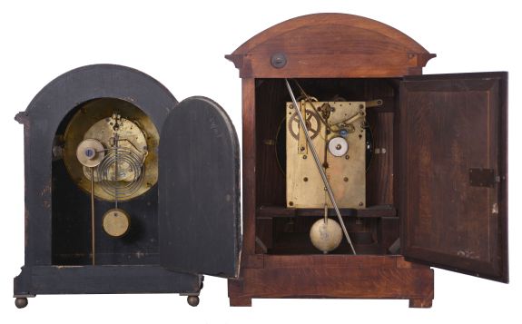 Clocks- 2 (Two) Mahogany Shelf: (1) Junghans, Wurttemberg, Germany, Westminster chime shelf clock, 8 day, spring driven A07 movement in a mahogany case with inlay and silvered dial with Roman numerals; (2) Seth Thomas Clock Co., Thomaston, Conn., "Tory" cabinet clock, 8 day, spring driven round movement in a mahogany case with white enamel dial, shaded marquetry, all on brass ball feet, c1913.