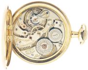 Hamilton Watch Co., Lancaster, Penn., "920", 12 size, 23 jewels, stem wind and set, adjusted to 5 positions, straight line damascened nickel plate movement with lever escapement, cut bimetallic balance, double roller, gold jewel settings, gold timing screws, gold wheel train and whiplash micrometric regulator, in a 14 karat, yellow gold, hinged back and bezel open face case, with maker