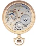 American Waltham Watch Co.,Waltham, Mass., model 1892 "Vanguard" with wind indicator, 18 size, 23 jewels, stem wind and lever set, adjusted, ornately damascened nickel plate movement with lever escapement, cut bimetallic balance, gold jewel settings, gold timing screws and Ohlson micrometric regulator in a rose gold filled, screw back and bezel open face case and Arabic numeral, outer red 5-minute markers, double sunk white enamel dial, blued steel spade and poker hands, serial #16141102, c1910.