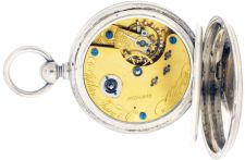 American Waltham Watch Co.,Waltham, Mass., model 1862 "Appleton, Tracy & Co.", 20 size, 15 jewels, key wind and set gilt plate movement with lever escapement and cut bimetallic balance with gold timing screws in a coin silver, hinged back and bezel open face case and Roman numeral, single sunk, white enamel dial, blued steel spade hands, serial #100852, c1864.