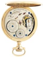 American Waltham Watch Co.,Waltham, Mass., "Amn. Watch Co." model 1872, 16 size, 16 jewels, stem wind and lever set, adjusted, damascened, nickel plate movement with lever escapement, cut bimetallic balance, gold jewel settings, gold timing screws, gold center wheel and Fogg tadpole micrometric regulator in a yellow gold filled, hinged back and bezel, open face case and Roman numeral, single sunk, white enamel dial, blued steel spade hands, serial #1937794, c1885.