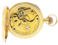 American Waltham Watch Co.,Waltham, Mass., "Amn. Watch Co." model 1874, 14 size, 16 jewels, stem wind and lever set gilt plate movement with lever escapement, cut bimetallic balance and gold timing screws in a Serex and Desmaison 18 karat, yellow gold, hinged back and bezel, reeded edge, engine turned, open face case and Roman numeral, single sunk, white enamel dial, blued steel spade hands, serial #985612, 110.9g TW, c1880.