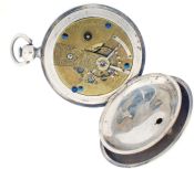 American Waltham Watch Co.,Waltham, Mass., model 1857 "P.S. Bartlett" for T. Bradbury, Paterson, NJ, 18 size, 11 jewels, key wind and set gilt plate movement with lever escapement in a coin silver, engraved hunting case, with Roman numeral white enamel dial, blued steel hands, serial #1869, c1858.