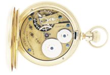 American Waltham Watch Co.,Waltham, Mass., model 1872 "Riverside", 16 size, 17 jewels, stem wind and lever set, adjusted, damascened gilt plate movement with lever escapement, cut bimetallic balance, gold timing screws, antimagnetic balance spring and Fogg tadpole micrometric regulator in an 18 karat, yellow gold, hinged back and bezel open face case with glazed cuvette, the case back engraved with a fish, shield and rustic cross, and Arabic numeral, single sunk, white enamel dial, blued steel spade and whip hands, serial #3190781, 138.9g TW, c1890.