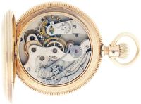 American Waltham Watch Co.,Waltham, Mass., pocket chronograph with minute register, 14 size, 15 jewels, stem wind and lever set, frosted nickel plate movement with lever escapement, cut bimetallic balance with gold timing screws and gold chronograph wheels in a 14 karat, rose gold, hinged back and bezel, reeded edge, open face case with monogram on rear cover, and presentation on gold cuvette "Franklin A. Wilson / to / John Wilson/ July 2nd 1911", Arabic numeral, double sunk, white enamel dial, blued steel spade and whip hands, serial #3127016, 132.6g TW, c1890.