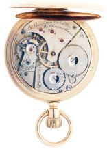 American Waltham Watch Co.,Waltham, Mass., "American Watch Co." model 1888, 16 size, 21 jewels, stem wind and set, adjusted, ornately damascened nickel plate movement with lever escapement, cut bimetallic balance, double roller, gold jewel settings, gold timing screws, gold wheel train and Fogg tadpole micrometric regulator in a 14 karat, rose gold, hinged back and bezel open face case and Arabic numeral, single sunk, white enamel dial, blued steel Breguet style hands, serial #6500364, 96g TW, c1895.