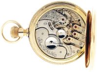 Elgin Watch Co., Elgin, Illinois, grade 91 convertible, 16 size, 21 jewels, stem wind and lever set, ornately damascened nickel plate movement with lever escapement, cut bimetallic balance, gold jewel settings, gold timing screws, gold wheel train and Moseley micrometric regulator in a 14 karat, yellow gold, hinged back and bezel, reeded edge, engine turned open face case and Roman numeral, double sunk white enamel dial, plum colored steel Breguet style hands, serial #942266, 111.5g TW, c1885.