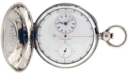 American Waltham Watch Co.,Waltham, Mass., "Chronodrometer", 18 size, 16 jewels, key wind and set gilt plate movement with lever escapement and gold balance in a coin silver, engine turned hunting case and Roman and Arabic numeral, double sunk white enamel dial, serial #14787, c1860.