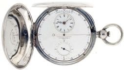 American Waltham Watch Co.,Waltham, Mass., "Chronodrometer", 18 size, 16 jewels, key wind and set gilt plate movement with lever escapement and gold balance in a coin silver, engine turned hunting case and Roman and Arabic numeral, double sunk white enamel dial, serial #14787, c1860.