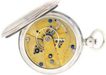 American Waltham Watch Co.,Waltham, Mass., "Chronodrometer", 18 size, 16 jewels, key wind and set gilt plate movement with lever escapement and gold balance in a coin silver, engine turned hunting case and Roman and Arabic numeral, double sunk white enamel dial, serial #14787, c1860.