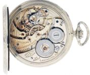 Hamilton Watch Co., Lancaster, Penn., 922 "Masterpiece", 12 size, 23 jewels, stem wind and set, adjusted to 5 positions, circular damascened, nickel plate movement with lever escapement, cut bimetallic balance, gold jewel settings, gold timing screws, gold wheel train and whiplash micrometric regulator in an 18 karat, white gold, hinged back and snap bezel open face case with maker