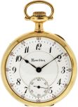 Hamilton Watch Co., Lancaster, Penn., "950", 16 size, 23 jewels, stem wind and lever set, adjusted to 5 positions, damascened nickel plate movement with lever escapement, cut bimetallic balance, gold jewel settings, gold timing screws, gold wheel train and whiplash micrometric regulator in a yellow gold filled, swingout open face case, and Arabic numeral, outer red five minute markers, double sunk, white enamel dial, plum colored steel spade and poker hands, serial #846736, c1910