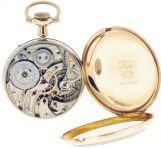 Hamilton Watch Co., Lancaster, Penn., "950", 16 size, 23 jewels, stem wind and lever set, adjusted to 5 positions, damascened nickel plate movement with lever escapement, cut bimetallic balance, gold jewel settings, gold timing screws, gold wheel train and whiplash micrometric regulator in a yellow gold filled, swingout open face case, and Arabic numeral, outer red five minute markers, double sunk, white enamel dial, plum colored steel spade and poker hands, serial #846736, c1910