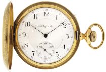 Elgin Watch Co., Elgin, Illinois, grade 156, 16 size, 21 jewels, stem wind and set, adjusted, ornately damascened nickel plate movement with lever escapement, cut bimetallic balance, gold jewel settings, gold timing screws, gold wheel train, and Moseley micrometric regulator in an 18 karat, yellow gold, engine turned and engraved hunting case with presentation on gold cuvette, and Arabic numeral, outer red 5-minute markers, double sunk white enamel dial, plum colored steel Breguet style hands, serial #6463565, 115.8g TW, c1895.