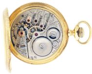 Elgin Watch Co., Elgin, Illinois, grade 156, 16 size, 21 jewels, stem wind and set, adjusted, ornately damascened nickel plate movement with lever escapement, cut bimetallic balance, gold jewel settings, gold timing screws, gold wheel train, and Moseley micrometric regulator in an 18 karat, yellow gold, engine turned and engraved hunting case with presentation on gold cuvette, and Arabic numeral, outer red 5-minute markers, double sunk white enamel dial, plum colored steel Breguet style hands, serial #6463565, 115.8g TW, c1895.