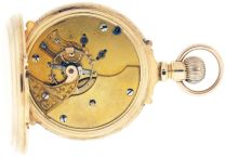 Elgin Watch Co., Elgin, Illinois, grade 20 pocket watch, with pocket chronometer conversion, 18 size, 15 jewels, stem wind and lever set gilt plate movement with spring detent escapement, free sprung cut bimetallic balance with gold timing screws and compensation weights, helical balance spring and gold escape wheel in a 14 karat, yellow gold, engraved, box hinge hunting case with monogram on front cover, and Roman numeral, single sunk, O