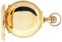 Elgin Watch Co., Elgin, Illinois, grade 20 pocket watch, with pocket chronometer conversion, 18 size, 15 jewels, stem wind and lever set gilt plate movement with spring detent escapement, free sprung cut bimetallic balance with gold timing screws and compensation weights, helical balance spring and gold escape wheel in a 14 karat, yellow gold, engraved, box hinge hunting case with monogram on front cover, and Roman numeral, single sunk, O