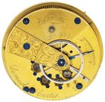 American Waltham Watch Co.,Waltham, Mass., model 1857 "Samuel Curtis" movement only, 15 jewel, gilt, lever movement with steel balance, Roman numeral white enamel dial, blued steel fleur de lys hands, serial #555, c1854