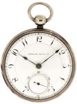 American Waltham Watch Co.,Waltham, Mass., silver cased model 1857 for N. S. Daniels, 18 size, 15 jewels, key wind and set, gilt plate movement with lever escapement and gold balance in a silver, hinged back and bezel, engine turned and engraved, open face case and Arabic numeral, single sunk, white enamel dial, blued steel spade hands, serial #1000, c1853.