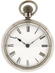 Auburndale Watch Co., Auburndale, Mass., rotary pocket watch, 20 size, stem wind and lever set gilt plate movement with lever escapement in a nickel, snap back and bezel open face case and Roman numeral white enamel dial, blued steel spade and whip hands, serial #10, c1880.