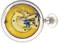 Auburndale Watch Co., Auburndale, Mass., rotary pocket watch, 20 size, stem wind and lever set gilt plate movement with lever escapement in a nickel, snap back and bezel open face case and Roman numeral white enamel dial, blued steel spade and whip hands, serial #10, c1880.