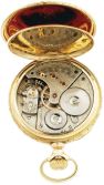 American Waltham Watch Co.,Waltham, Mass., model 1888, "American Watch Co.", 21 jewels, stem wind and set, adjusted, damascened nickel plate movement with lever escapement, cut bimetallic balance, gold jewel settings, gold timing screws, gold wheel train and Fogg micrometric regulator in a 14 karat, yellow gold, hinged back and bezel, engine turned and engraved open face case, Roman numeral, single sunk white enamel dial, blued steel spade and whip hands, serial #6500016, 105.1g TW, c1895.