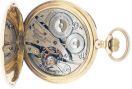 American Waltham Watch Co.,Waltham, Mass., model 1899 "Riverside Maximus", 16 size, 23 jewels, stem wind and set, adjusted to 6 positions, temperature, and isochronism, ornately damascened nickel plate movement, with lever escapement, diamond endstones, gold jewel settings, gold timing screws, gold wheel train and whiplash micrometric regulator, in a 14 karat yellow gold, hinged back and bezel, open face case, and Arabic numeral, double sunk white enamel dial, plum colored steel moon hands, serial #16177759, 107g TW, c1910.