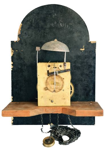 John Bell, Hexham, England, 30 hour, time and bell strike, single weight driven movement, c. 1830, in an American walnut case with three brass finials and painted metal dial