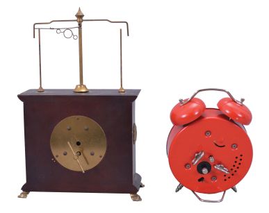 Clocks- 2 (Two) Novelty: (1) Horolovar Co., Bronxville, New York reproduction "Ignatz" flying pendulum novelty clock, reproduction of the model made by the New Haven Clock Co., c1970; (2) Reveils Bayard, France, "Mickey" alarm clock with external bells and rocking head Mickey Mouse figure, c1977.