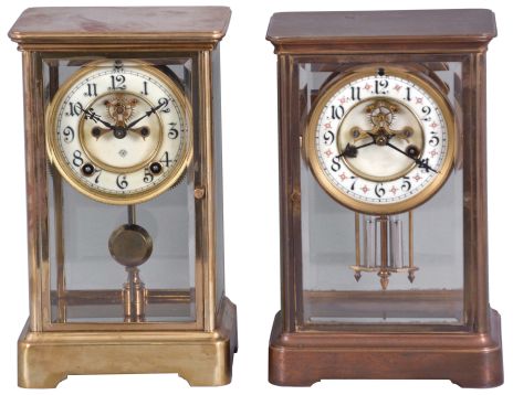 Clocks- 2 (Two): (1) Ansonia Clock Co., New York, 8 day, time and strike, spring brass movement crystal regulator mantel clock, c1914; (2) Waterbury Clock Co., Waterbury, Conn., "Toulon", 8 day, time and strike, spring brass movement crystal regulator mantel clock, c1909